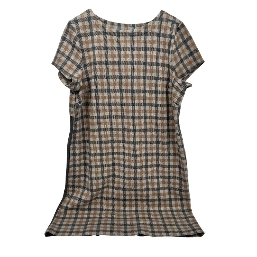 J Jill Shirt Dress Womens Large Camel Gray Check Plaid Coastal Knit + Pockets